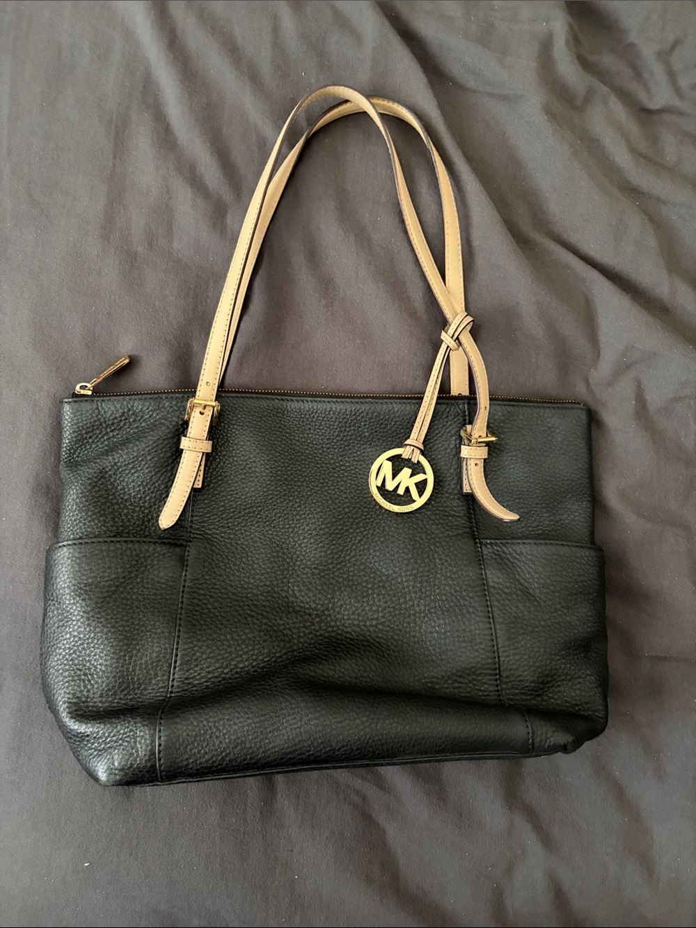 Michael Kors Black Leather Shoulder Tote with Beige Straps and Gold MK Charm